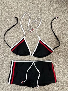 Fashion Nova Black White Red Stripe Bikini Set
